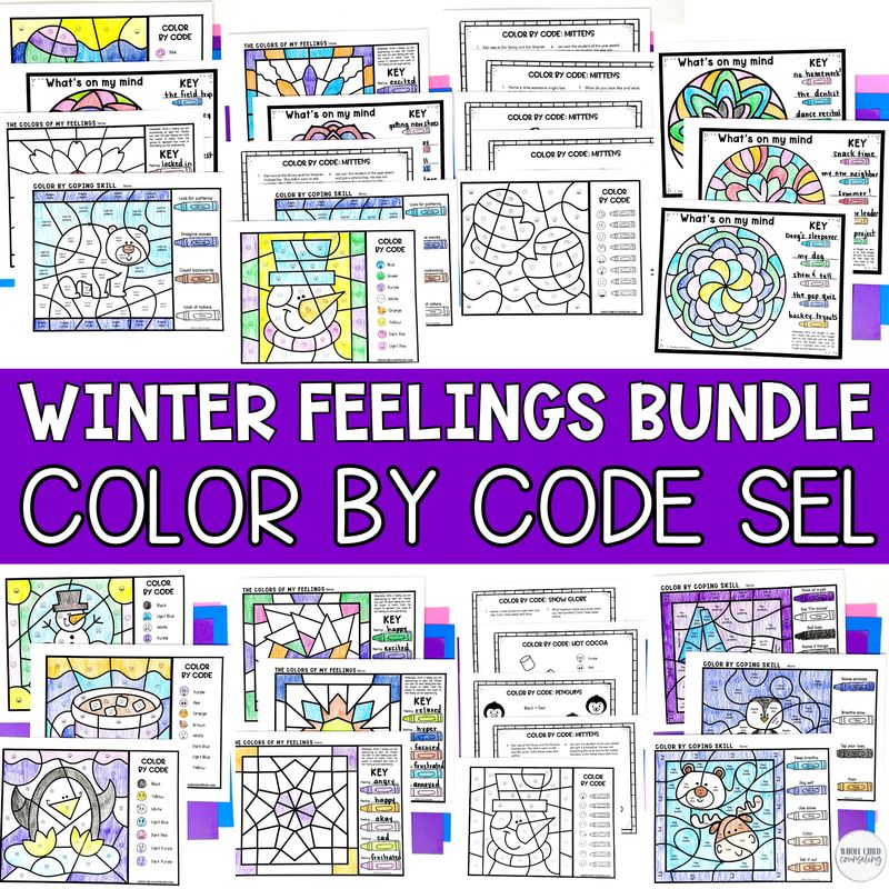 Winter Color by Code Feelings and Coping Skills Coloring Activity &amp; Digital Game Bundle