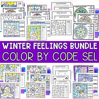 Winter Color by Code Feelings &amp; Coping Skills Bundle | 6 SEL Coloring Activities + Digital Games