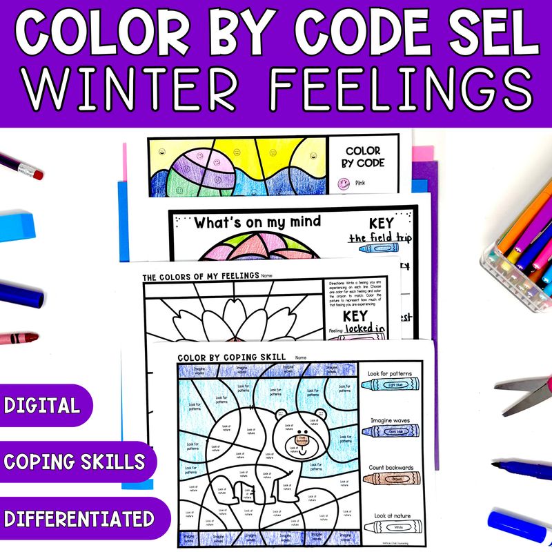 Mittens Color By Code Activity Winter Feelings and Coping Skills Coloring Activity &amp; Digital Game