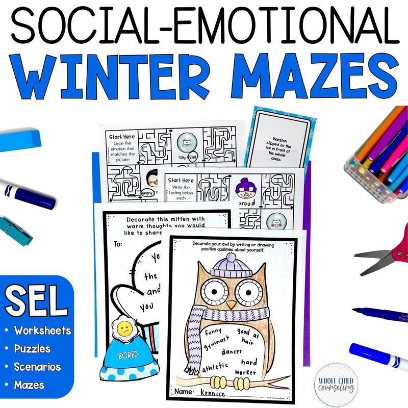 Winter SEL Mazes and No-Prep Worksheets