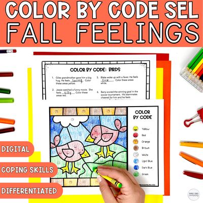 Fall Bird Feelings Color by Code SEL Activity (Digital + Print)