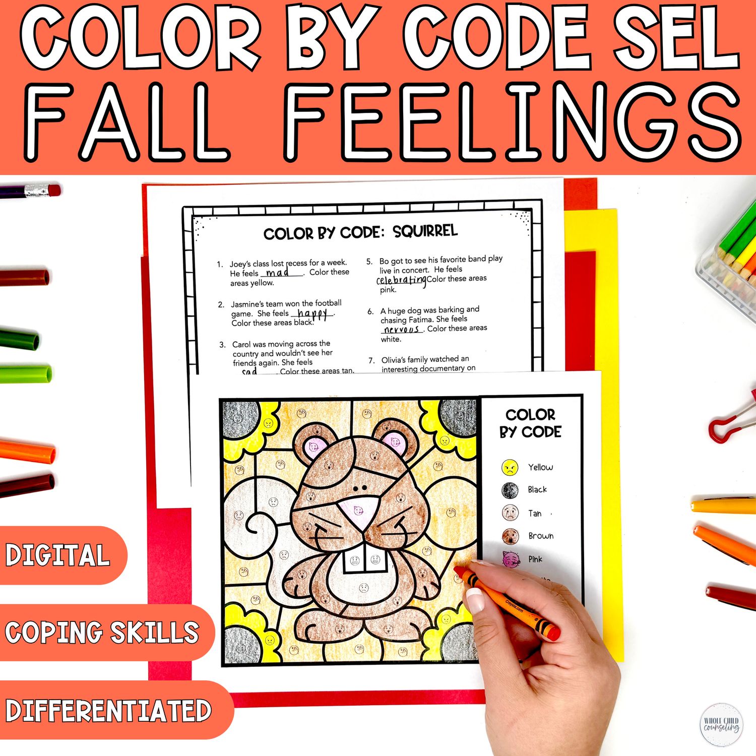 Color By Code Fall Feelings Squirrel Activity