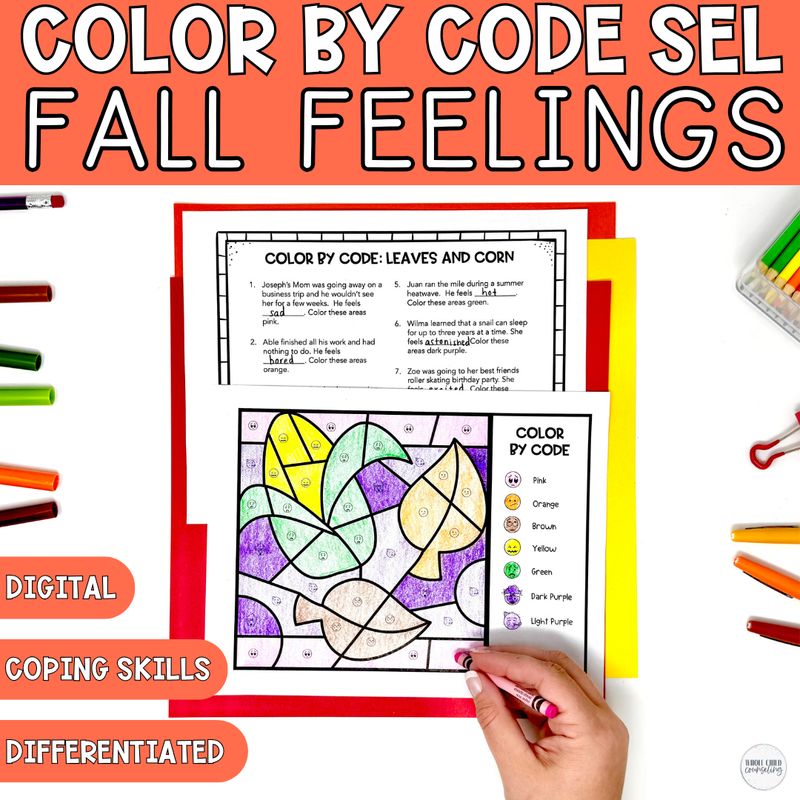 Color By Code Fall Feelings Leaves and Corn Husk Activity