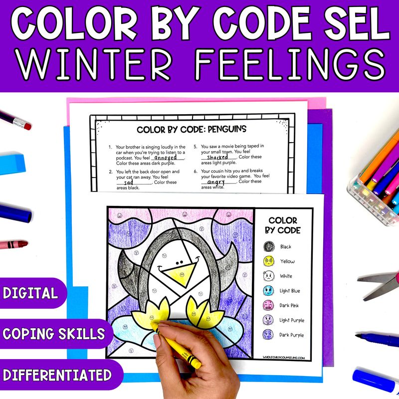 Penguin Color By Code Winter Feelings and Coping Skills Coloring Activity &amp; Digital Game