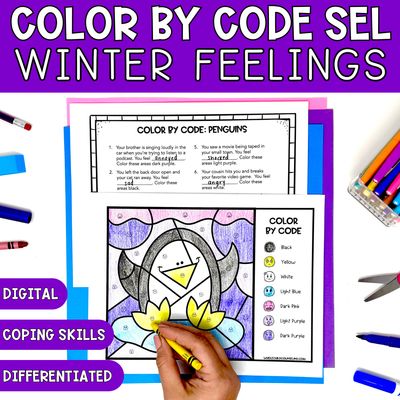Penguin Color by Code | Winter Feelings &amp; Coping Skills SEL Activity
