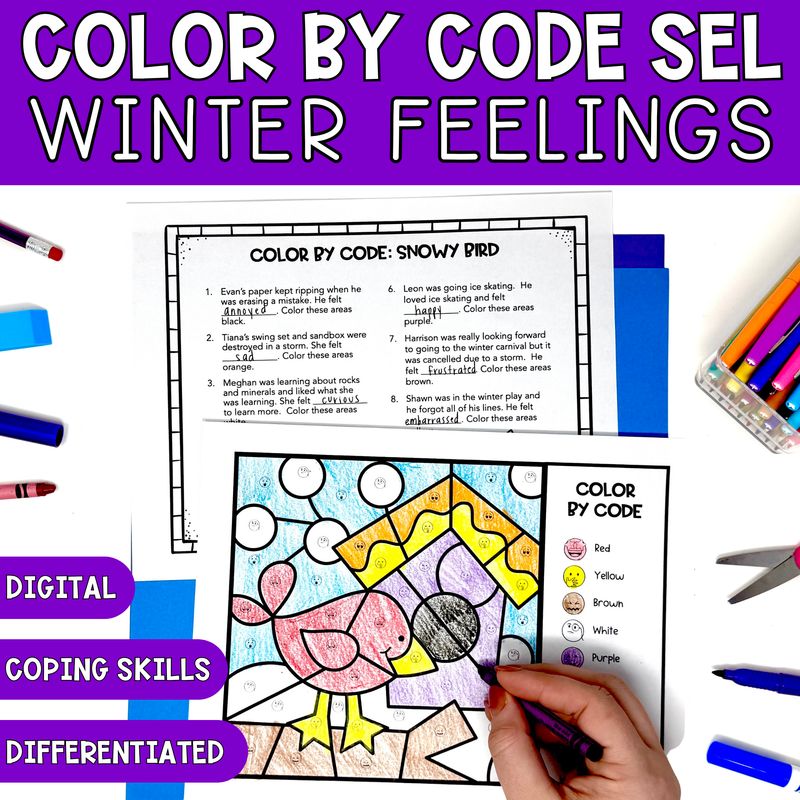 Bird Color By Code Winter Feelings and Coping Skills Coloring Activity &amp; Digital Game