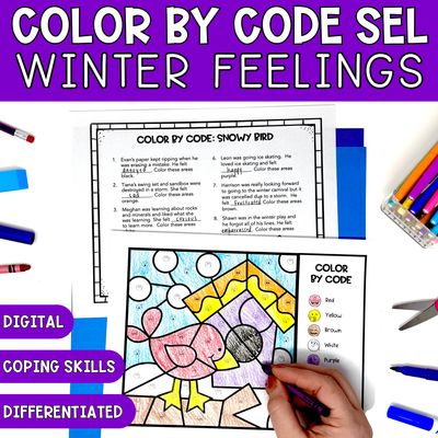 Winter Bird Feelings + Coping Skills Color By Code (Digital + Print)