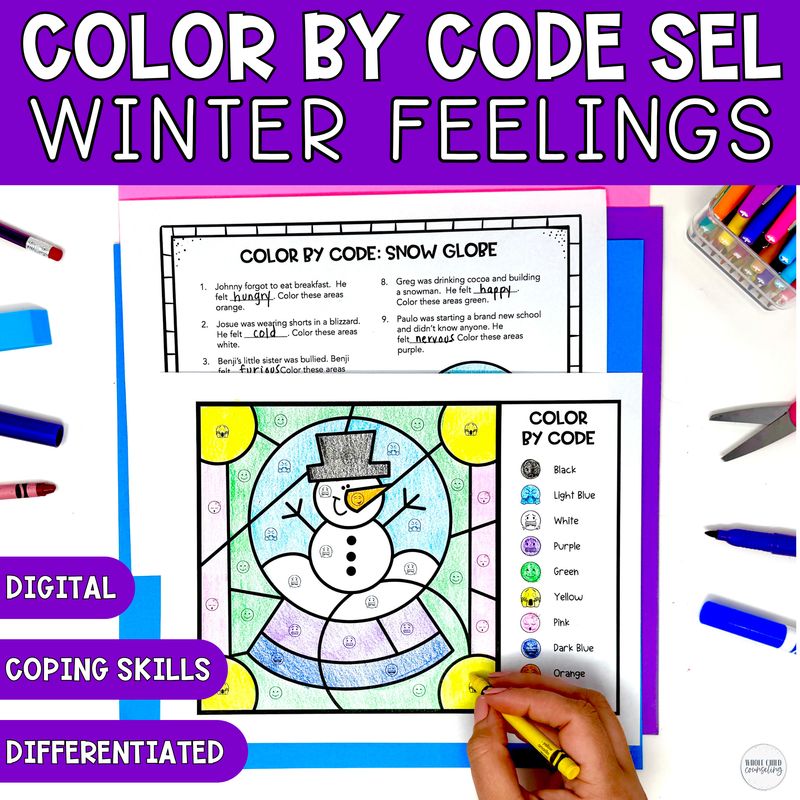 Snow Globe Color By Code Activity Winter Feelings and Coping Skills Coloring Activity &amp; Digital Game