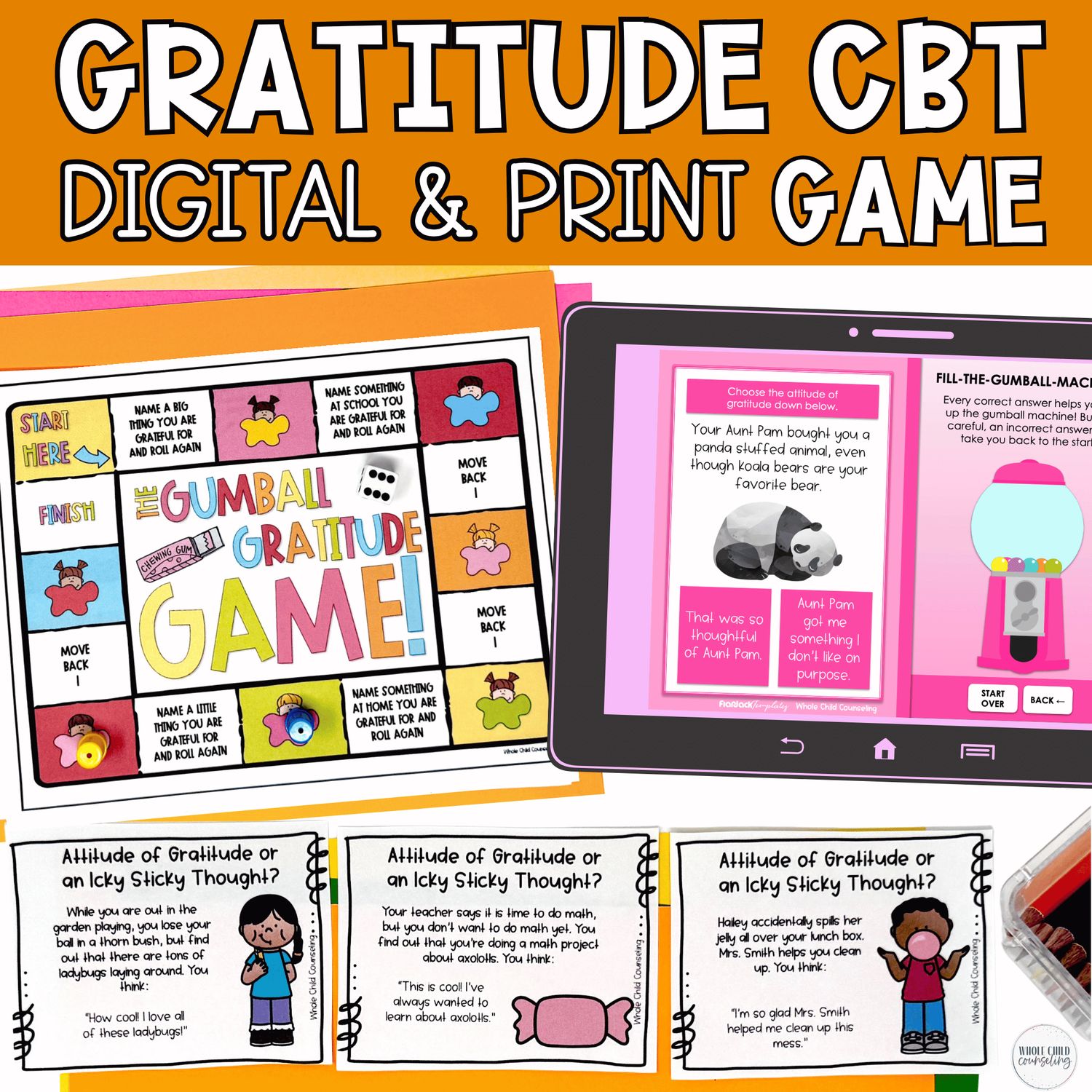 Gumball Gratitude: CBT Choose Grateful Thoughts Skills for Big Feelings Digital and Print Game