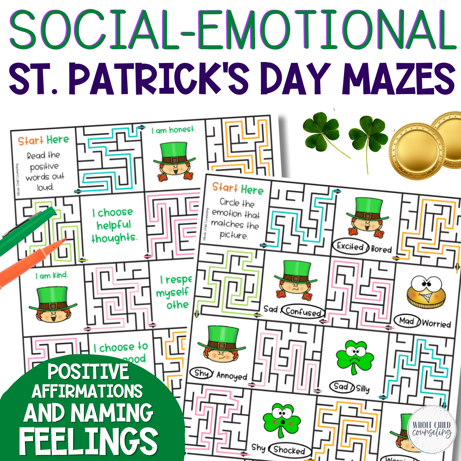 St. Patrick's Day SEL Feelings Mazes &amp; Positive Affirmations | Puzzles and Worksheets