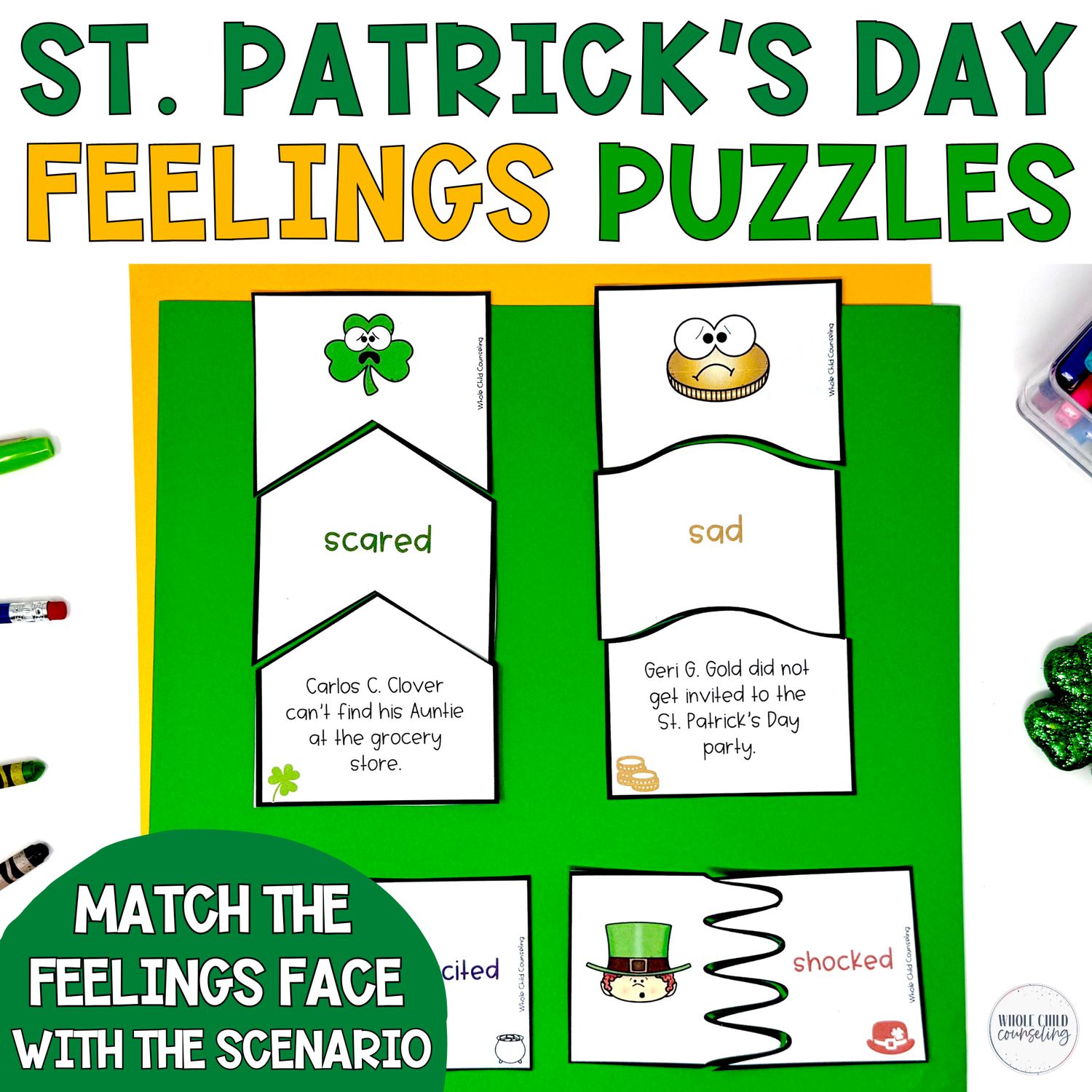St. Patrick's Day Feelings Matching Puzzles | Emotions Identification SEL Activity