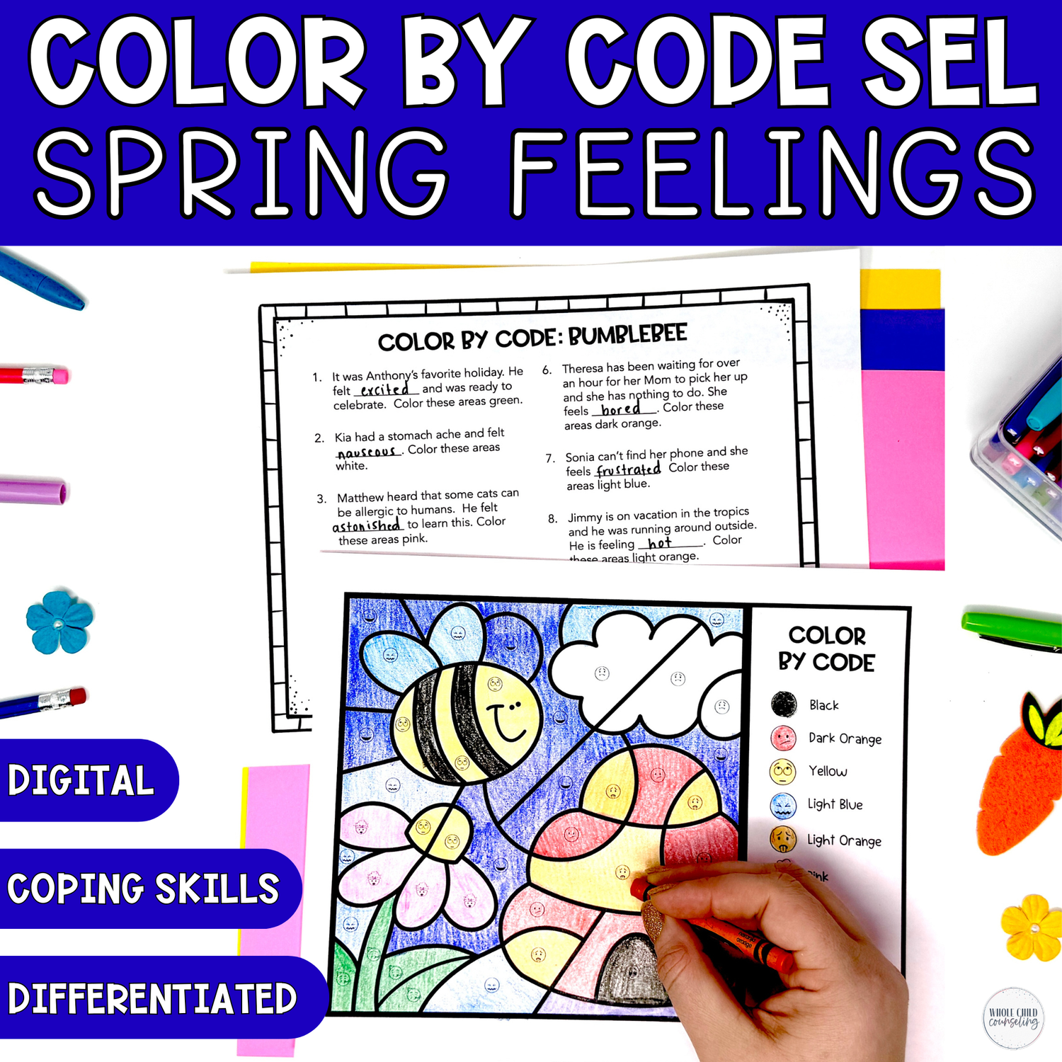 Spring Bumblebee Color by Code | Feelings &amp; Coping Skills SEL Coloring Activity + Digital Game