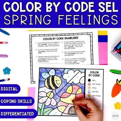 Spring Bumblebee Color by Code | Feelings &amp; Coping Skills SEL Coloring Activity + Digital Game