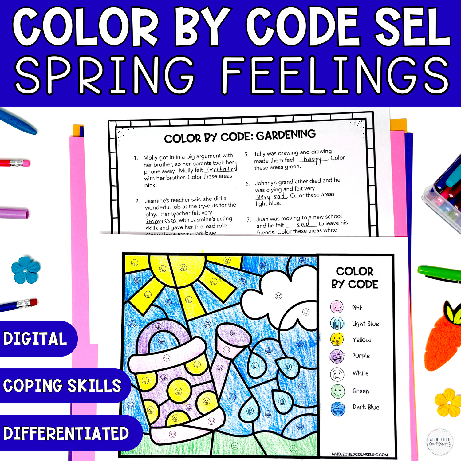 Spring Gardening Color by Code | Feelings &amp; Coping Skills SEL Coloring Activity + Digital Game