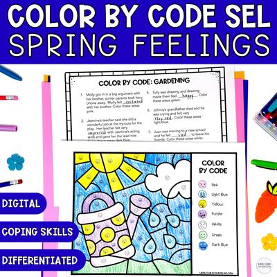 Spring Gardening Color by Code | Feelings &amp; Coping Skills SEL Coloring Activity + Digital Game