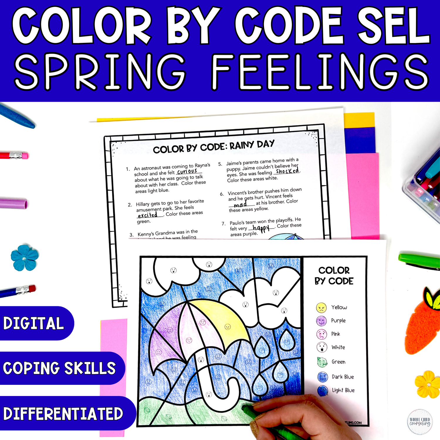 Spring Rainy Day Color by Code Feelings Activity | SEL Coloring Worksheets &amp; Game (Digital + Print)