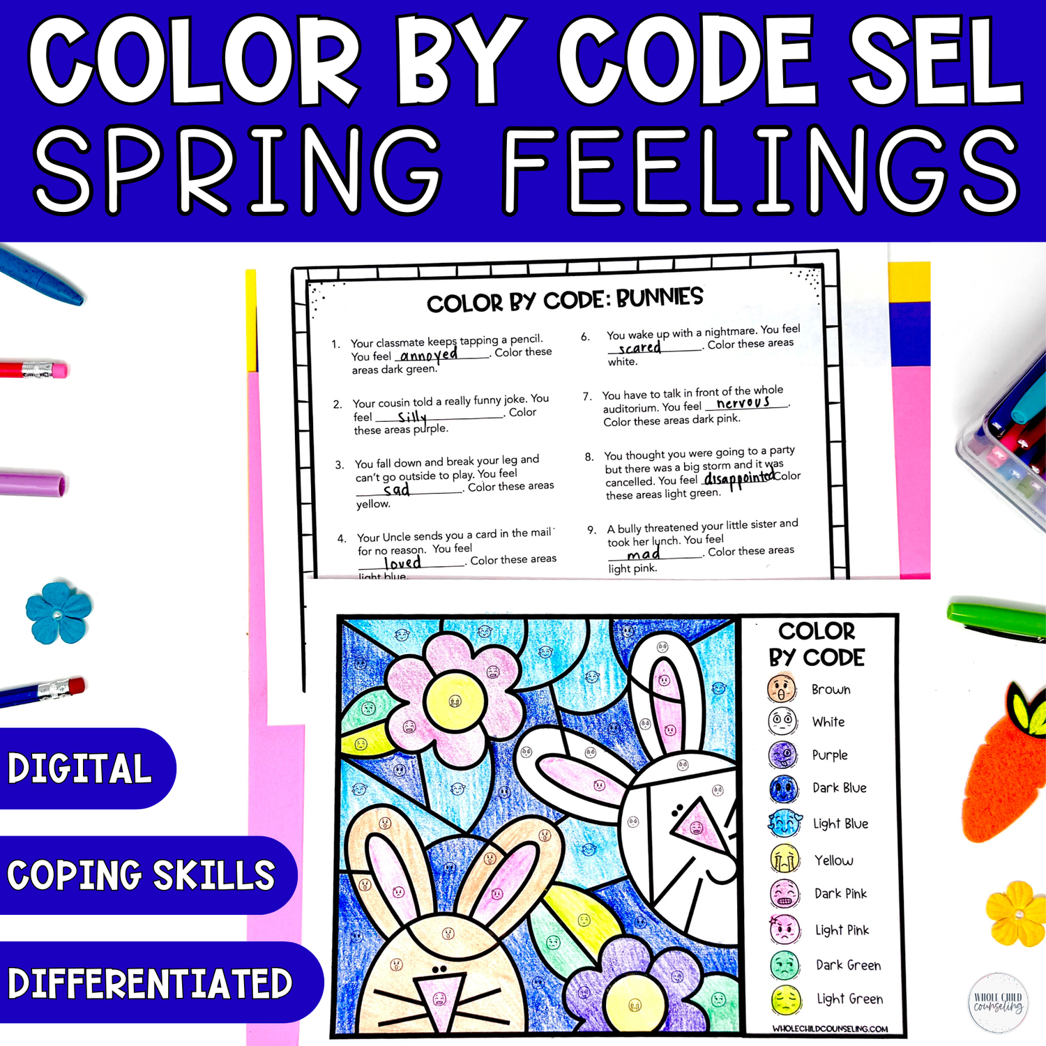 Spring Bunny Color by Code | Feelings &amp; Coping Skills SEL Coloring Activity + Digital Game