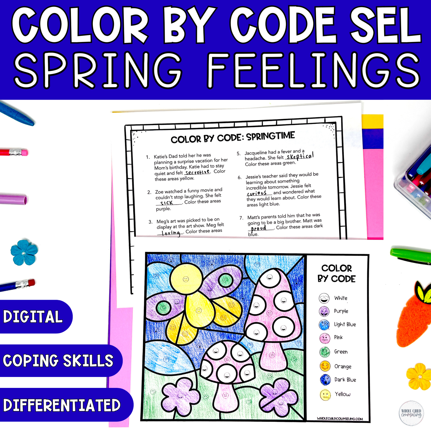 Spring Butterfly Color by Code Feelings Activity | SEL Coloring Worksheets &amp; Game (Digital + Print)