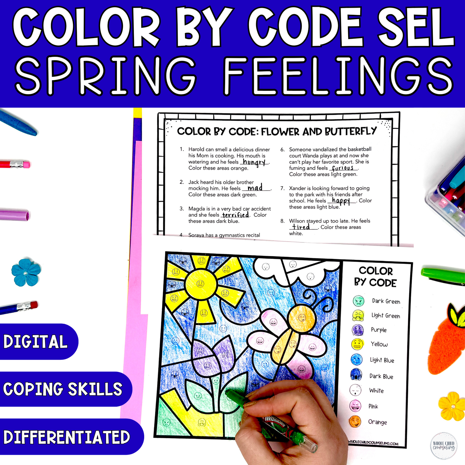 Spring Flower &amp; Butterfly Color by Code Feelings Activity | SEL Coloring Worksheets &amp; Game (Digital + Print)