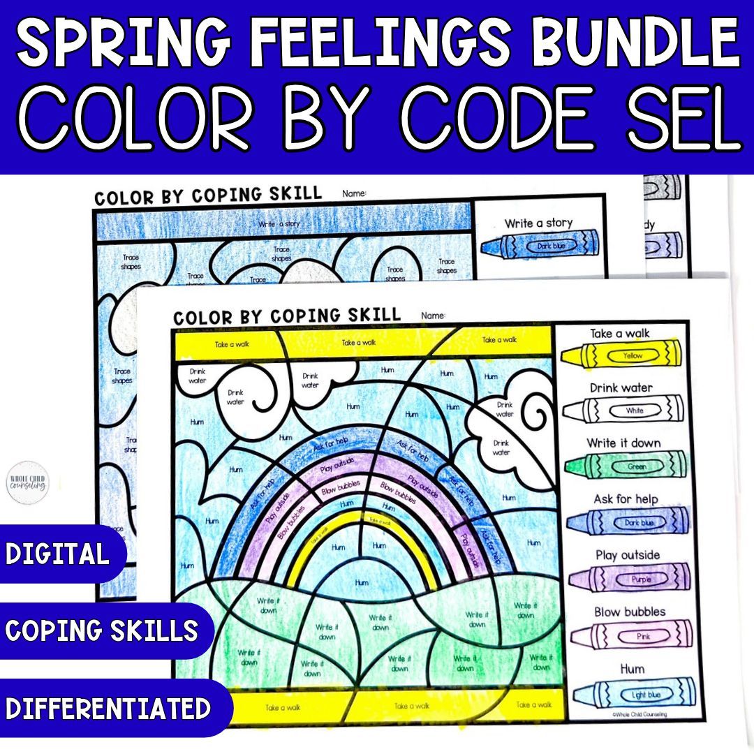 Spring Color by Code Feelings &amp; Coping Skills Bundle | 6 SEL Activities (Digital + Print)