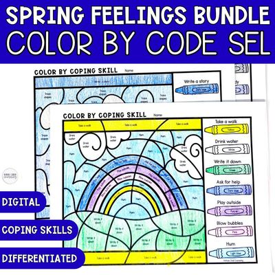 Spring Color by Code Feelings &amp; Coping Skills Bundle | 6 SEL Activities (Digital + Print)