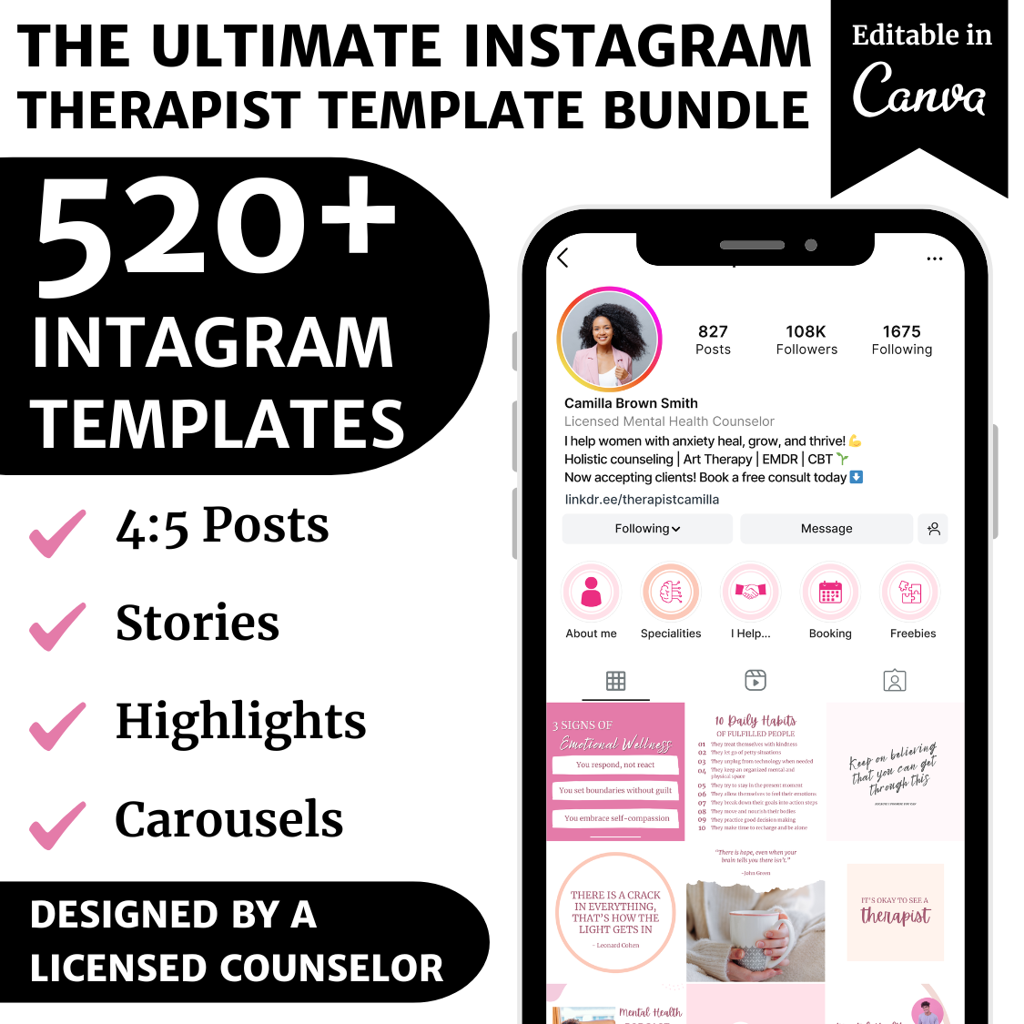 Instagram Editable Canva Social Media Templates Counselor Marketing BUNDLE