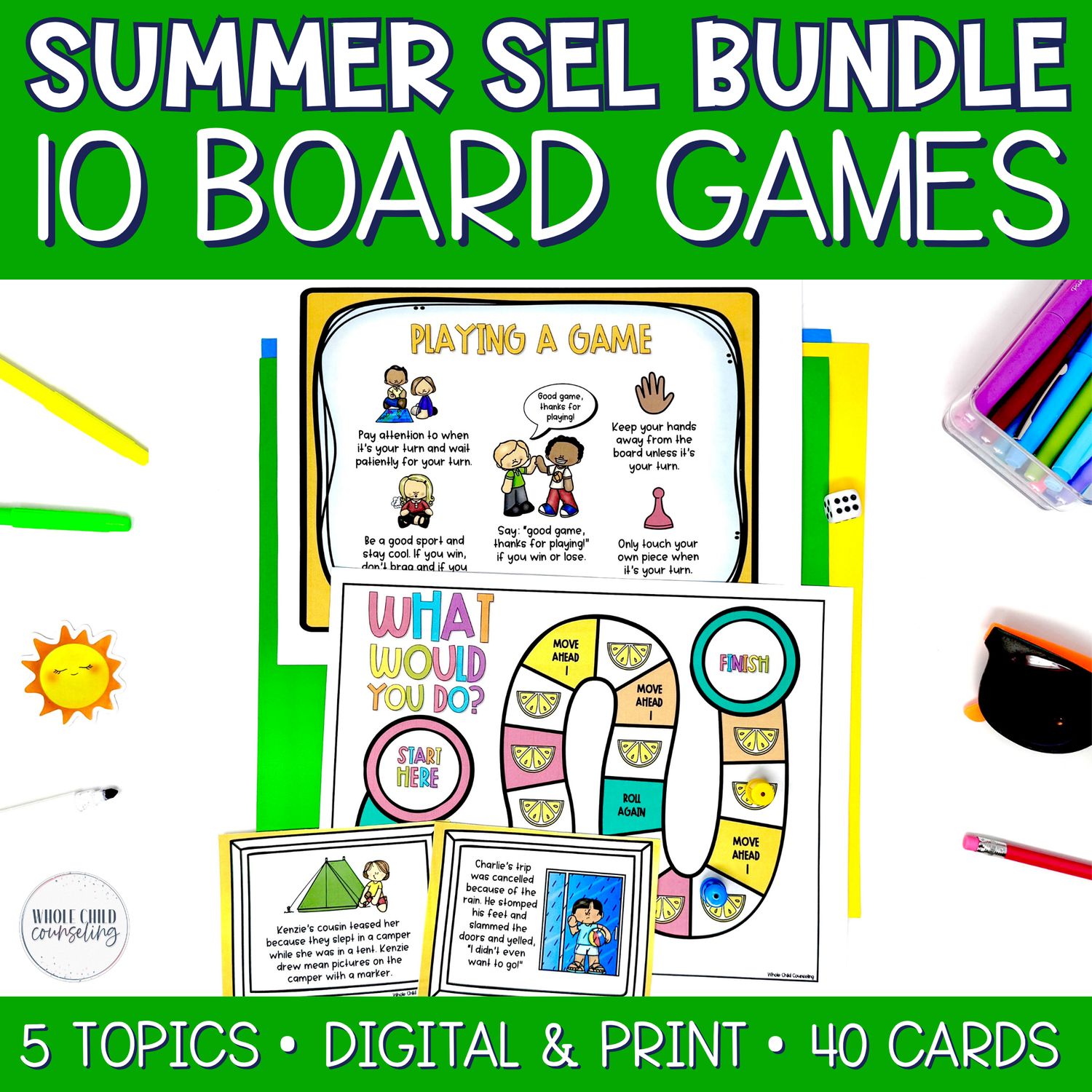 Summer SEL and Counseling 10 Digital and Print Game Board Bundle