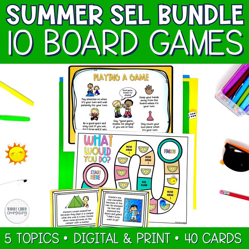 Summer SEL and Counseling 10 Digital and Print Game Board Bundle