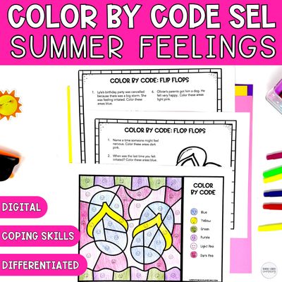 Flip Flops Color by Code | Summer Feelings &amp; Coping Skills (Digital + Print)