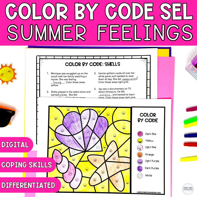 Seashells Color By Code Summer SEL Coloring Activity