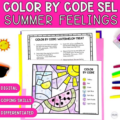 Summer Watermelon Color by Code | Feelings &amp; Coping Skills SEL Coloring Activity + Digital Game