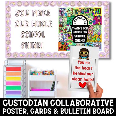 Custodian Appreciation Day Bulletin Board Kit | Collaborative Thank You Poster, Coloring Cards &amp; Janitor Recognition Activities