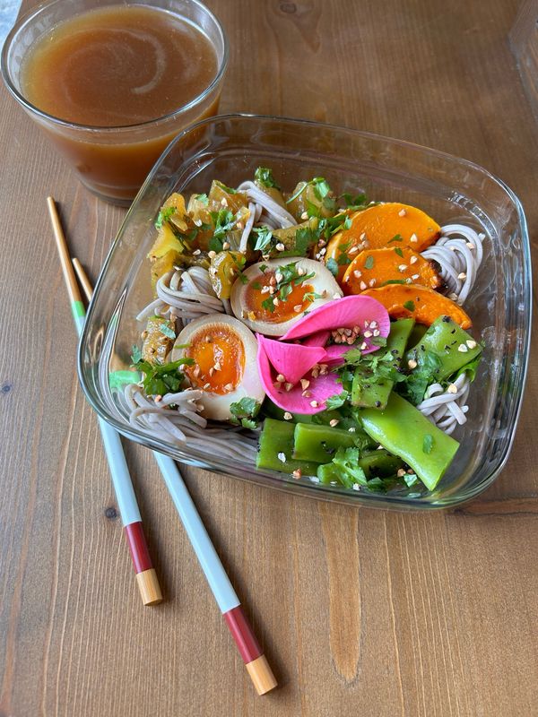 Ramen de Soba, Oeuf mariné,  bouillon végétal miso