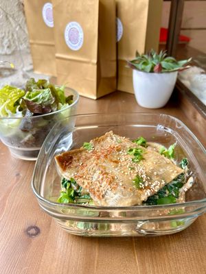 Lasagnes de sarrasin aubergine laquée, shiitaké