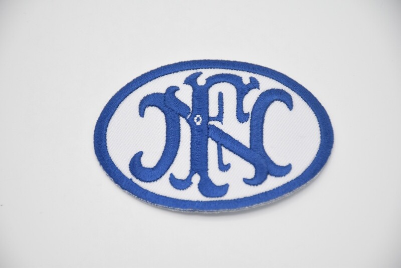 FNH FN LOGO PATCH BLUE WHITE PLASTIC/IRON ON BACKING 2.80&quot; X 2&quot;