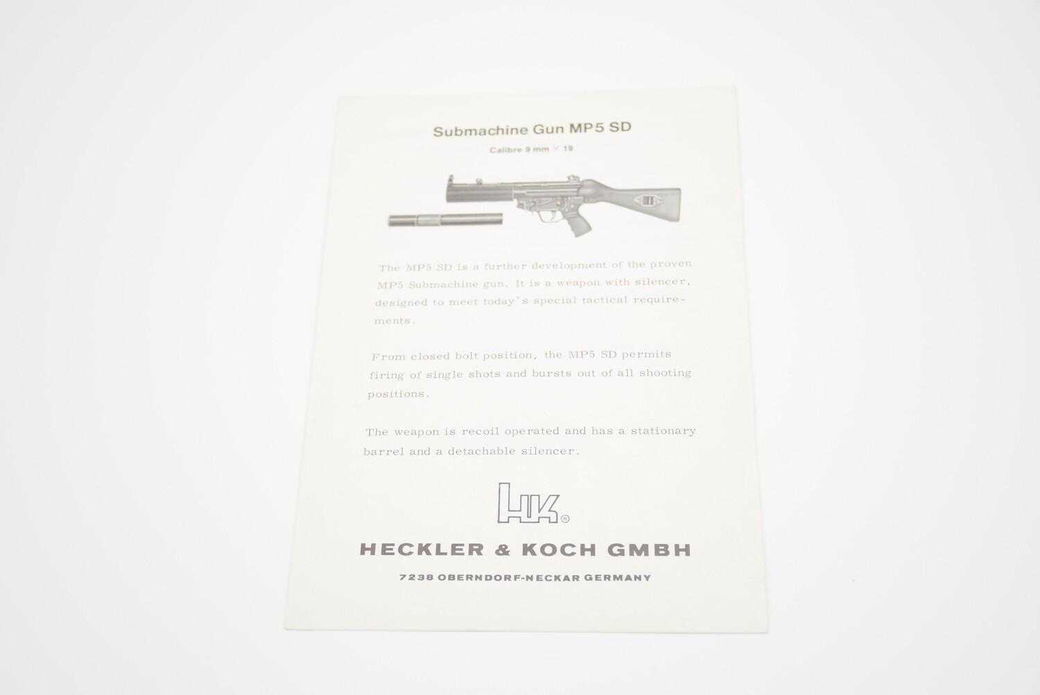 HECKLER &amp; KOCH HK MP5 SD INSTRUCTION BOOK/MANUAL