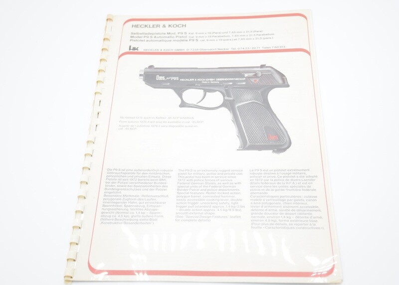 HECKLER &amp; KOCH HK P9/P9S MANUAL/INFORMATIONAL BOOKLET SUPER RARE 1976 GERMANY VINTAGE