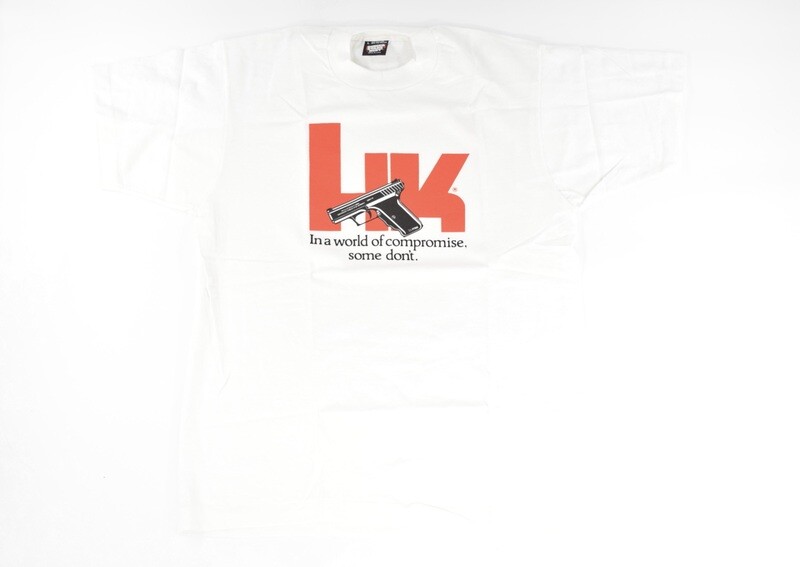 HECKLER &amp; KOCH HK P7 T-SHIRT LARGE 'IN A WORLD OF COMPROMISE, SOME DON'T" VINTAGE RARE