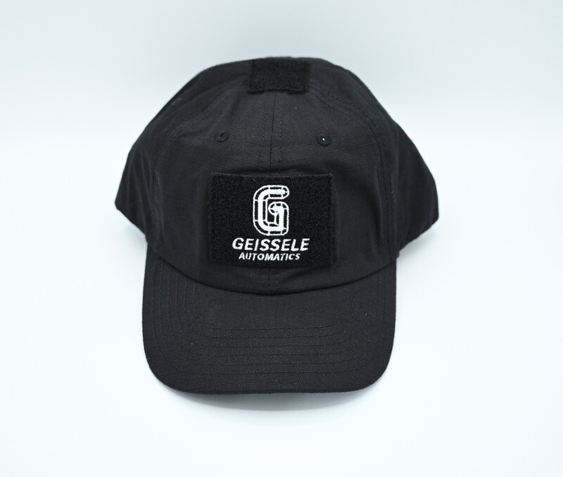 GEISSELE BLACK RIPSTOP HAT/BASEBALL CAP SNAKE LOGO VELCRO/HOOK/LOOP BACKING FOR LOGO PATCHES