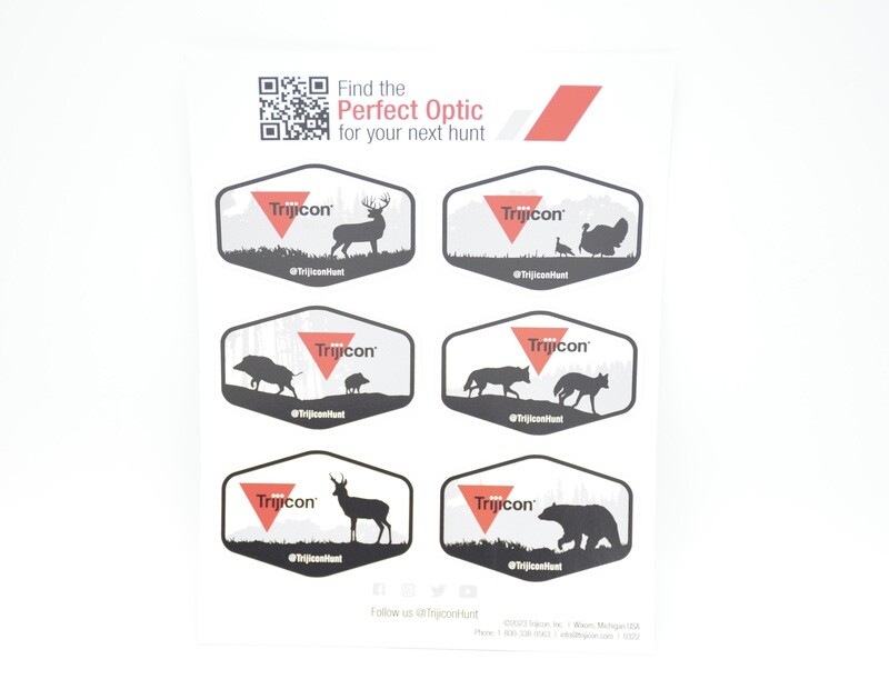 TRIJICON HUNT STICKER/DECAL SHEET ACOG SCOPES ACCUPOINT VCOG TARS MRO RMR REFLEX SRS