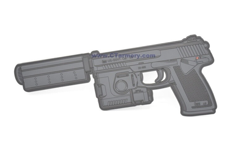 HECKLER &amp; KOCH HK MARK 23 PROTOTYPE W/ LAM AND SUPPRESSOR GIANT LOGO PATCH HOOK/LOOP/VELCRO BACKING