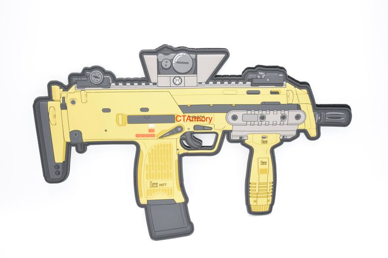 HECKLER &amp; KOCH HK MP7 PDW GIANT LOGO PATCH HOOK/LOOP BACKING EMBROIDERED 4.6 X 30MM RAL8000