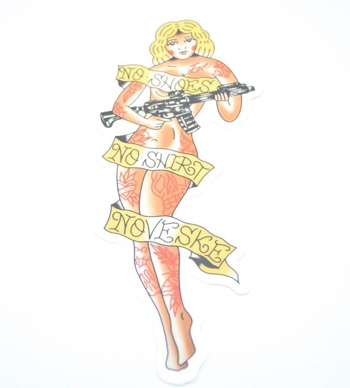 NOVESKE TATTOED PIN UP GIRL “ NO SHOES, NO SHIRT, NOVESKE”  LOGO STICKER/DECAL/SLAP