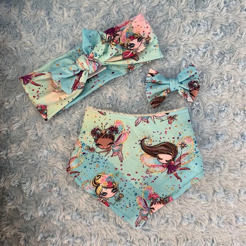Trio bavoir, bandeau &amp; boucle Fée
