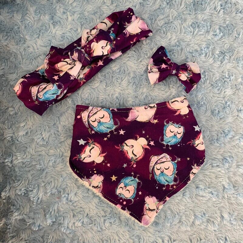Trio bavoir, bandeau &amp; boucle Hiboux