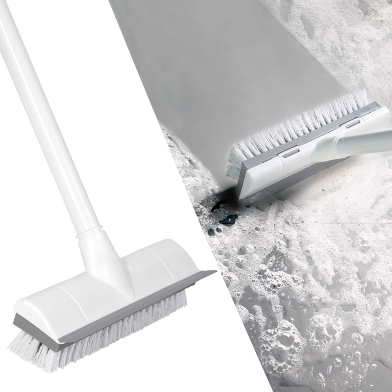 Floor Scrub Brush with Long Handle - Stiff &amp; Soft Brush, 2 in 1 scrape and brush