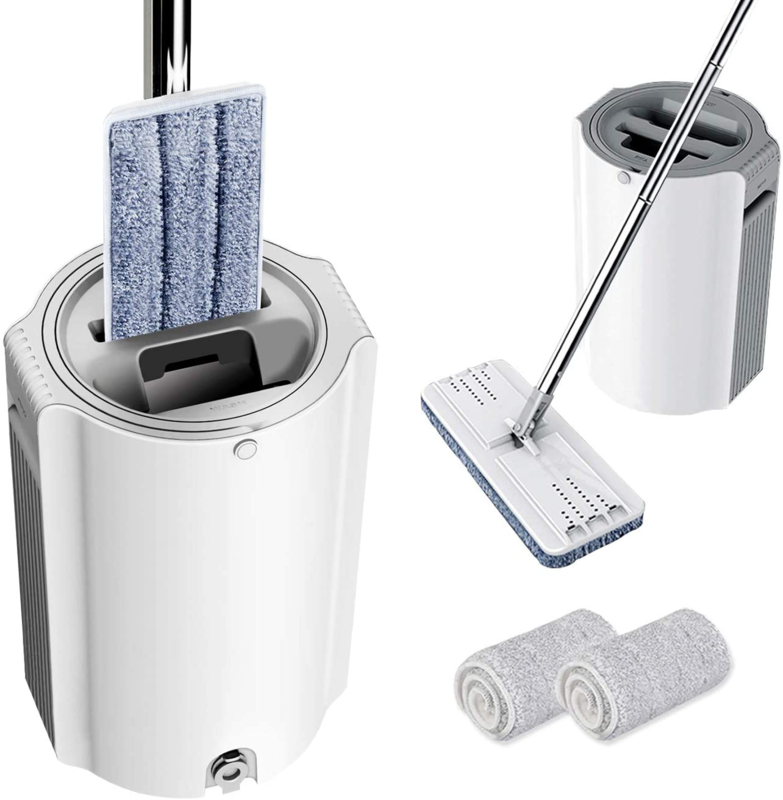 Microfiber Flat Mop with Bucket, Cleaning Squeeze Hand Free Floor Mop,  13” Widen Head Pad, 50” Stainless Steel Handle