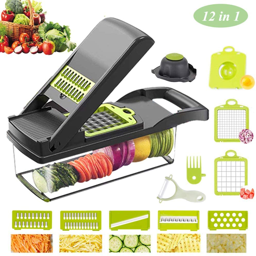 Slicer Cutter Vegetable Chopper And Grater, Adjustable Chopper Vegetable Cutter Onion Potato Chip French Fry Julienne Slicer 12 in 1 (Dark Gray)