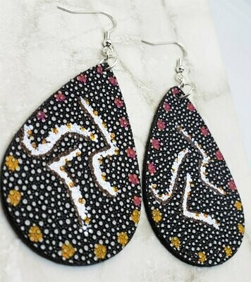 Aboriginal Style Art Hand Painted Kangaroo FAUX Pebble Effect Leather Teardrop Shaped Earrings