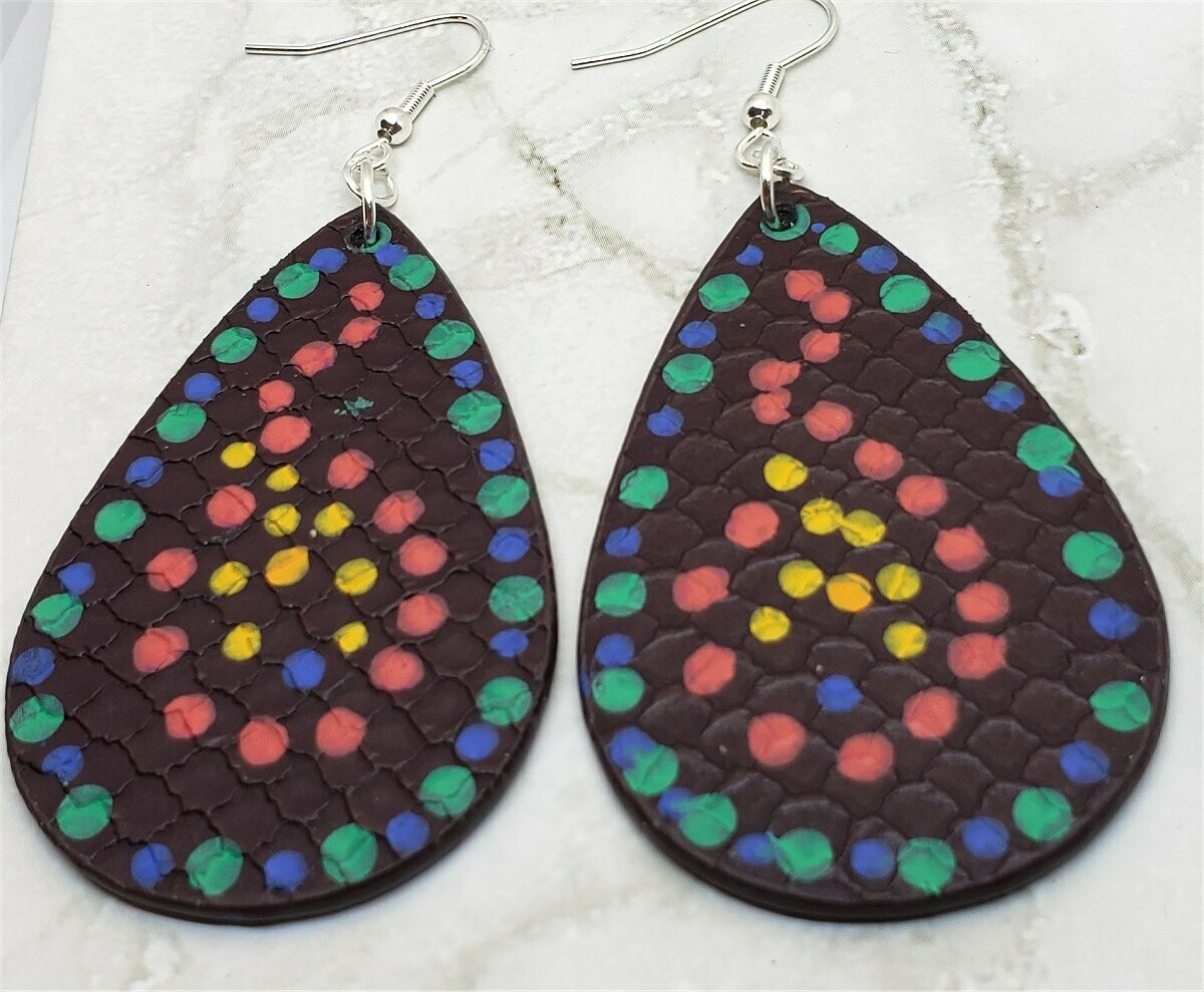Aboriginal Style Dot Art Hand Painted FAUX Leather Teardrop Shaped Earrings